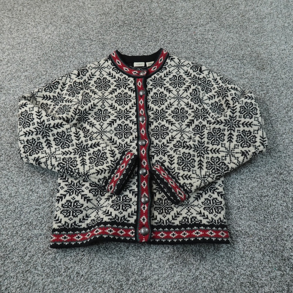VTG LL Bean Cardigan Womens XS Fair Isle Nordic Merino Wool Button Knit Sweater